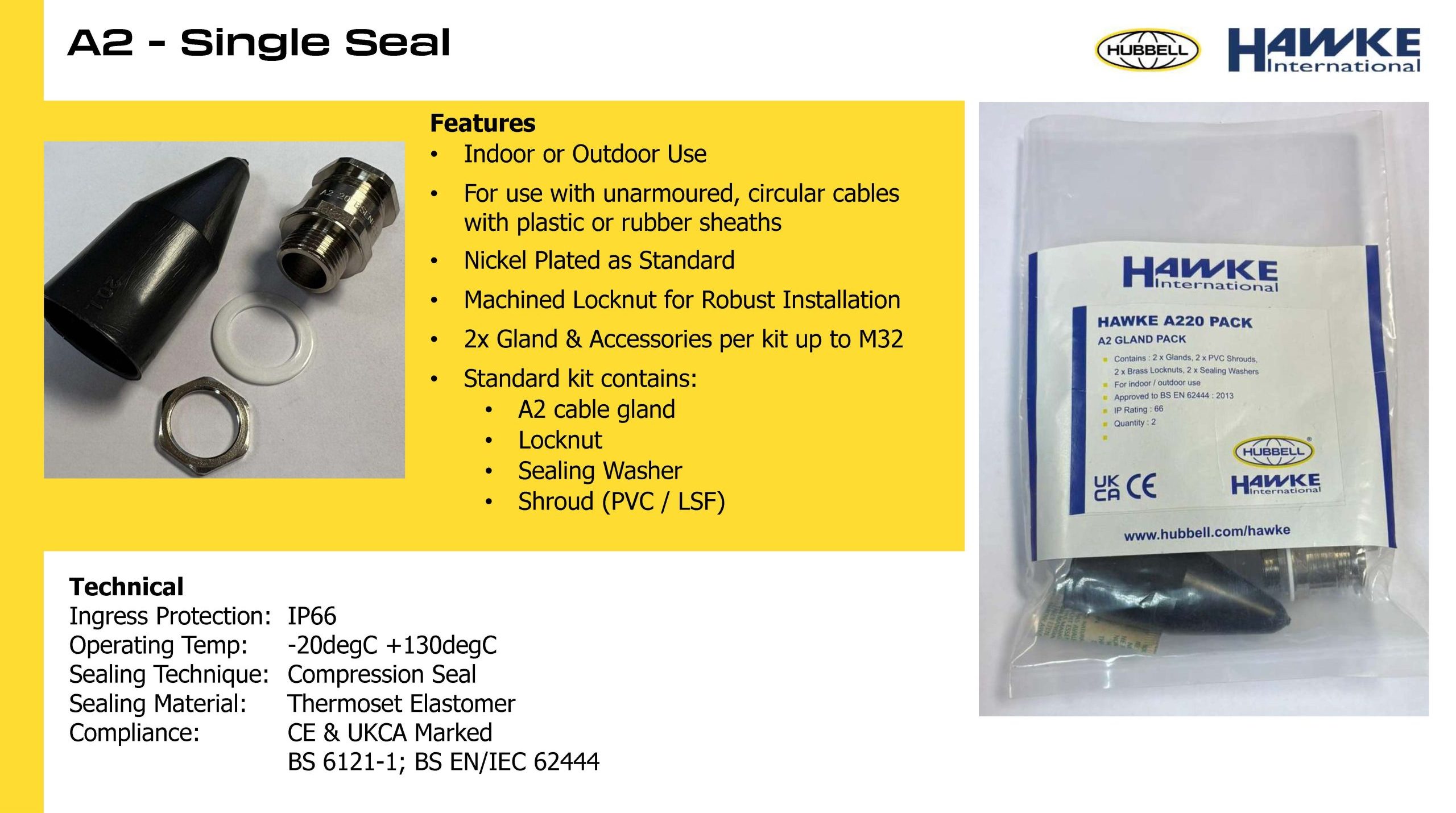 Hawke A2 Industrial Cable Gland kit complete bagged with earth tag locknut and shroud