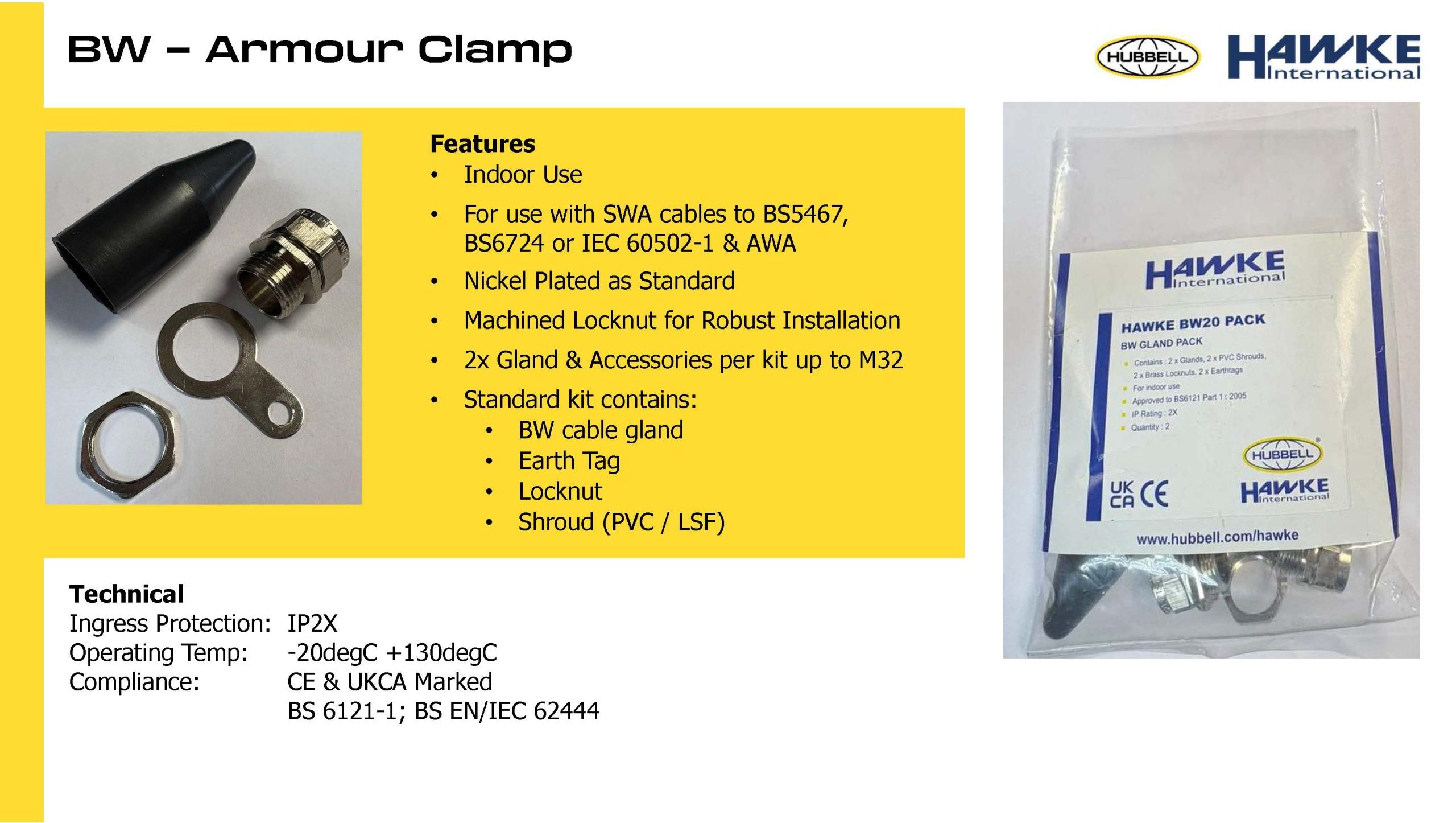 Hawke BW Industrial Cable Gland kit complete bagged with earth tag locknut and shroud